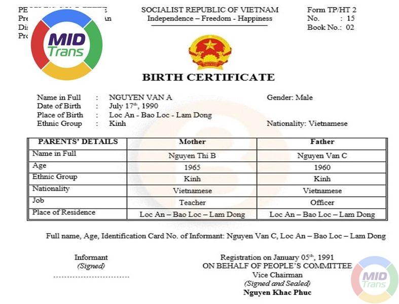 Mẫu dịch thuật giấy khai sinh cho khách hàng tại Bình Thuận